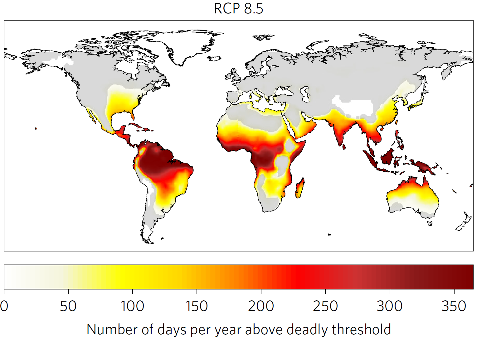 Number of days per year above deadly threshold in 2100 in scenario RCP 8.5